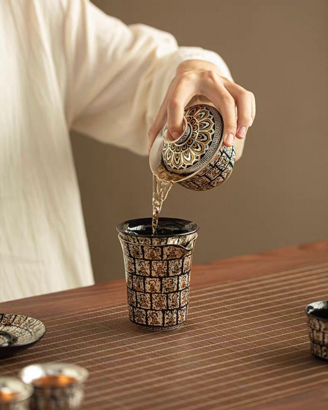 Gilded Silver Ten Thousand Buddhas Grottoes Sancai Gaiwan