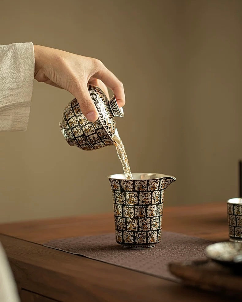 Gilded Silver Ten Thousand Buddhas Grottoes Sancai Gaiwan