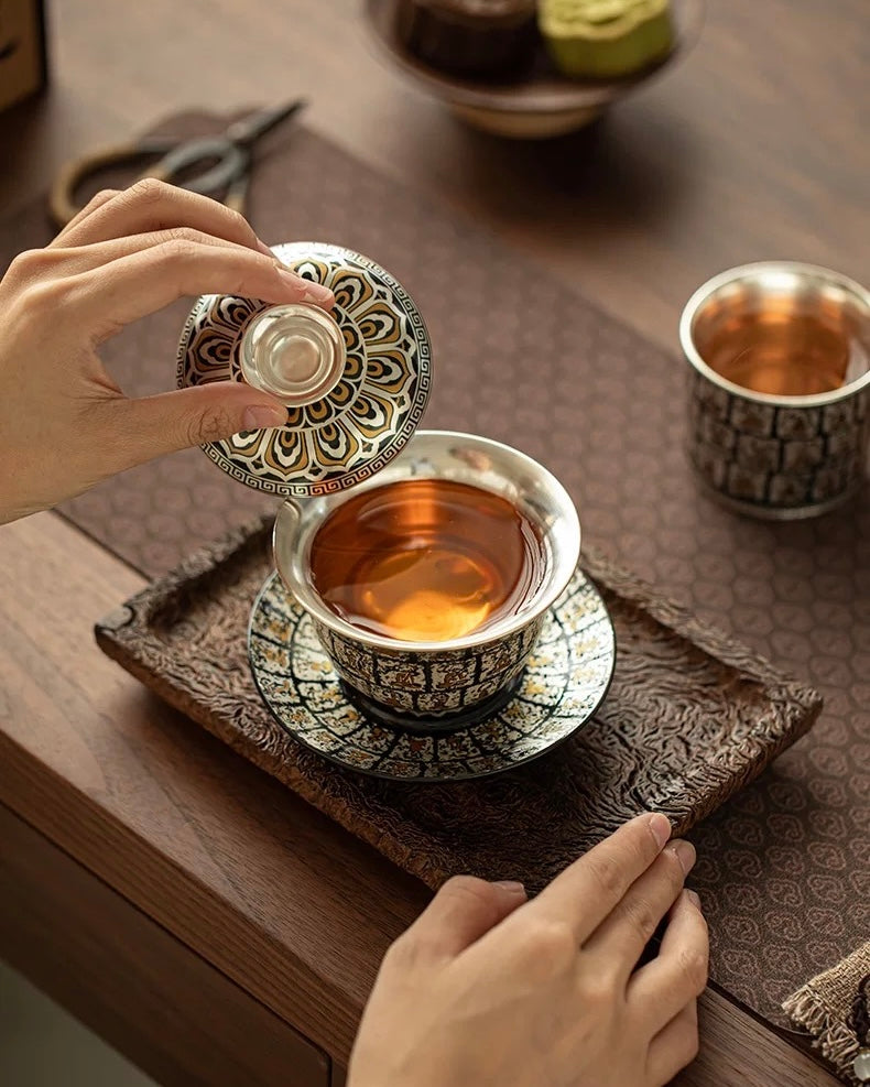 Gilded Silver Ten Thousand Buddhas Grottoes Sancai Gaiwan