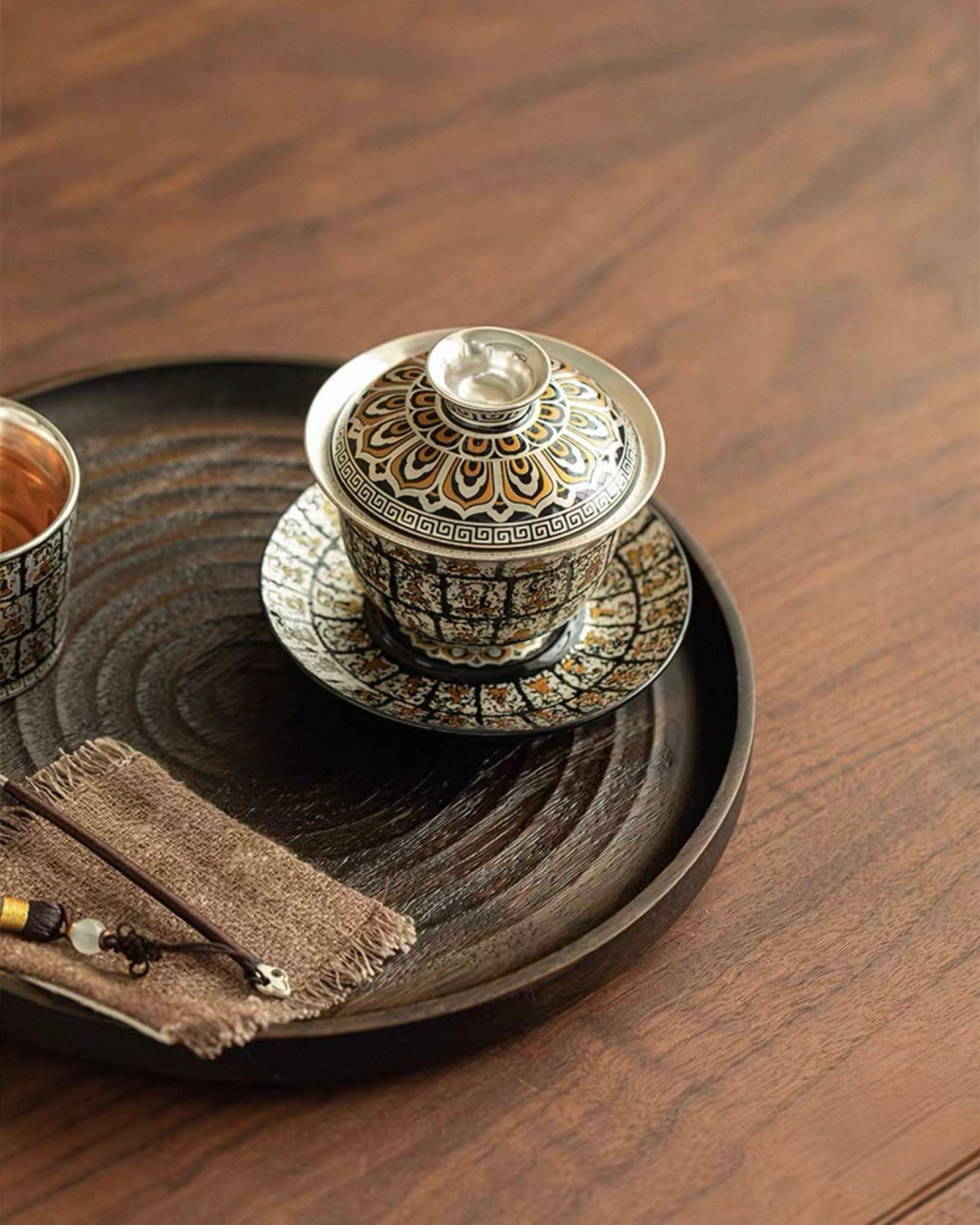 Gilded Silver Ten Thousand Buddhas Grottoes Sancai Gaiwan