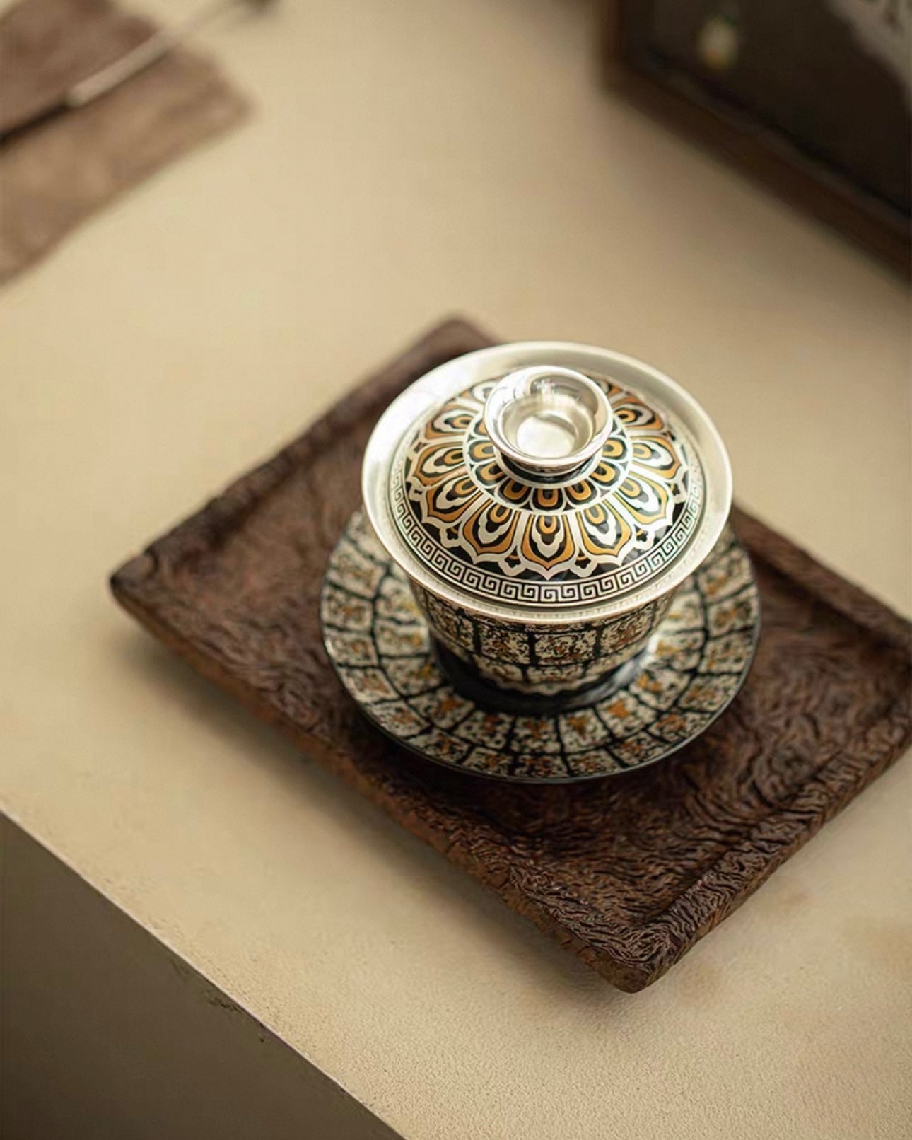 Gilded Silver Ten Thousand Buddhas Grottoes Sancai Gaiwan