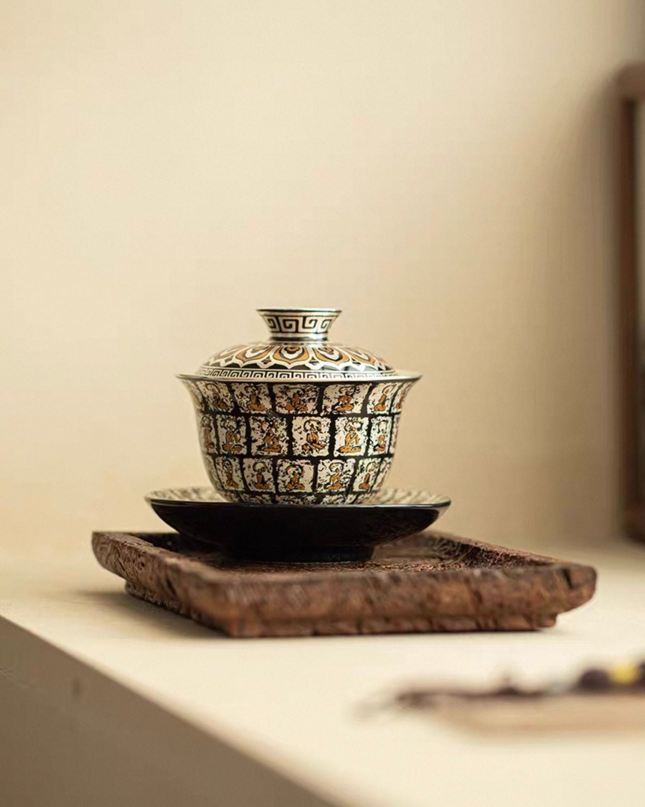 Gilded Silver Ten Thousand Buddhas Grottoes Sancai Gaiwan