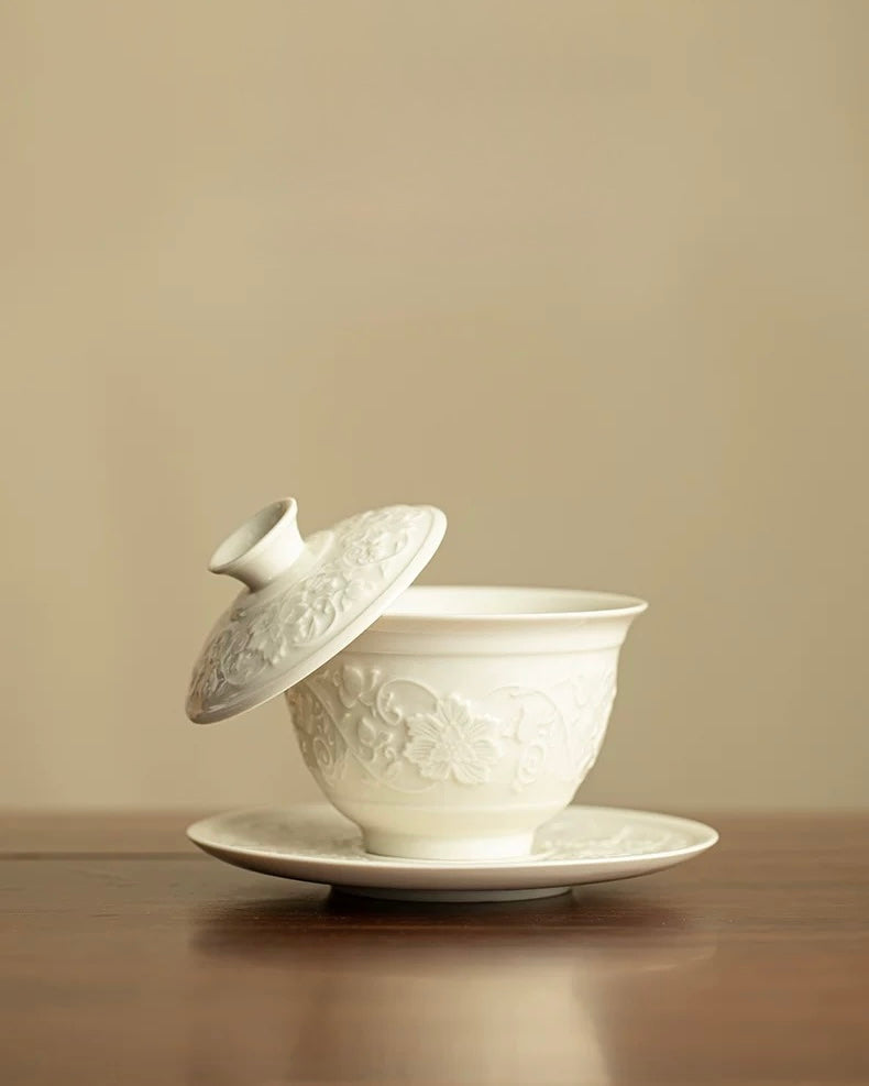 Ding Kiln White Embossed Intertwining Lotus Sancai Gaiwan