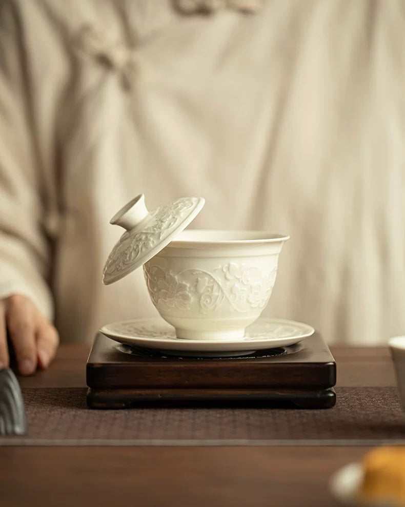 Ding Kiln White Embossed Intertwining Lotus Sancai Gaiwan