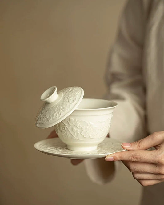 Ding Kiln White Embossed Intertwining Lotus Sancai Gaiwan