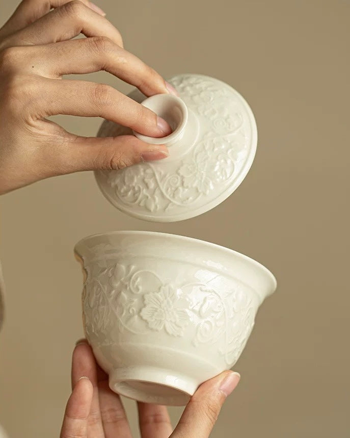 Ding Kiln White Embossed Intertwining Lotus Sancai Gaiwan