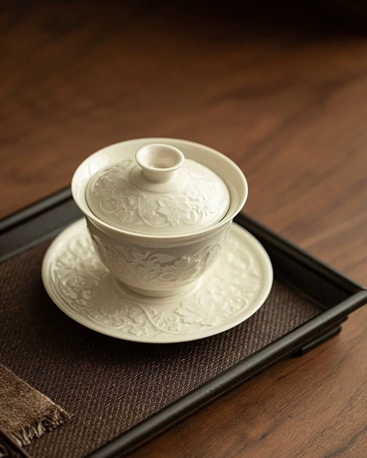 Ding Kiln White Embossed Intertwining Lotus Sancai Gaiwan