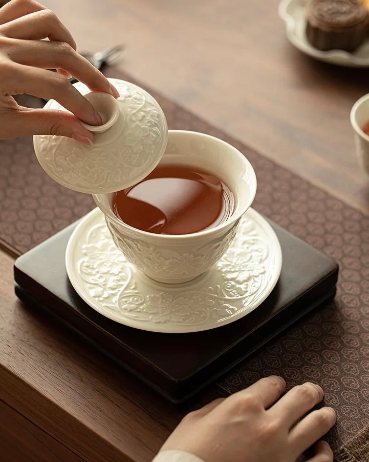 Ding Kiln White Embossed Intertwining Lotus Sancai Gaiwan