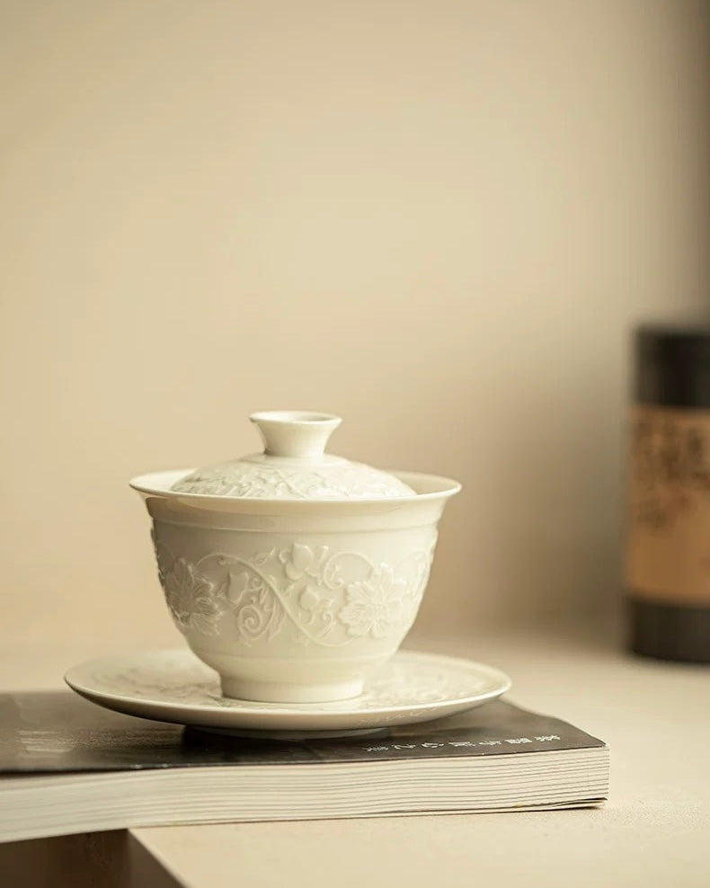 Ding Kiln White Embossed Intertwining Lotus Sancai Gaiwan