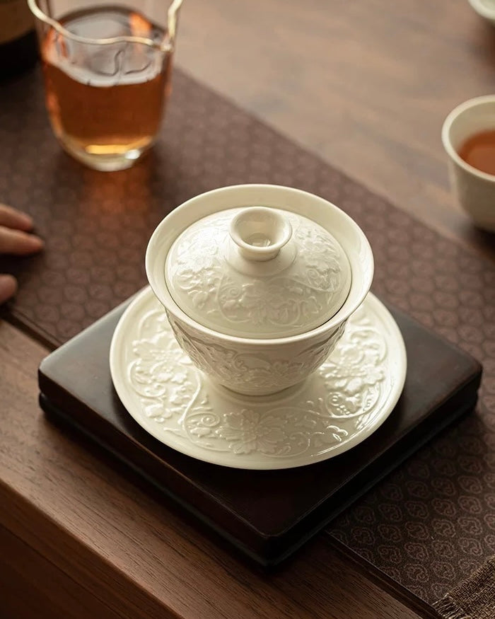 Ding Kiln White Embossed Intertwining Lotus Sancai Gaiwan