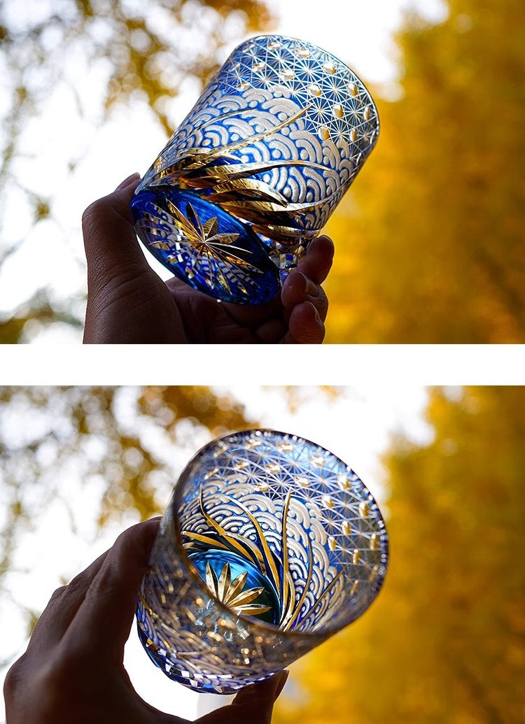Edo Kiriko Handcrafted Blue Amber Whisky Glass With Wooden Box