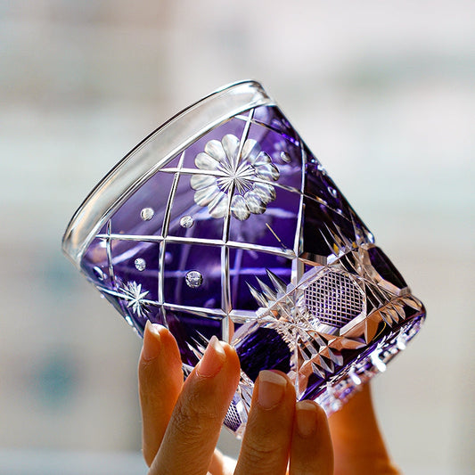 Edo Kiriko Handcrafted Violet Kohana Blossom Crystal Glass – Japanese Artisan Luxury with Wooden Box