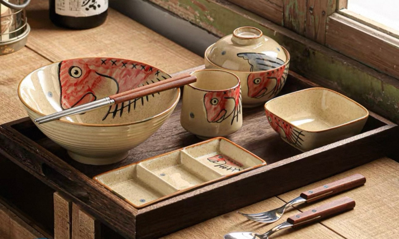 9-Piece Japanese Handmade Ramen Tableware Set: Cat and Fish Motif