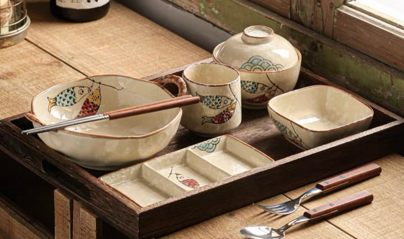 9-Piece Japanese Handmade Ramen Tableware Set: Cat and Fish Motif