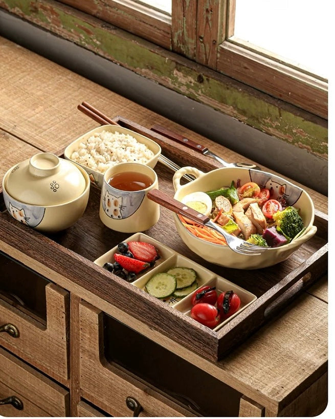 9-Piece Japanese Handmade Ramen Tableware Set: Cat and Fish Motif