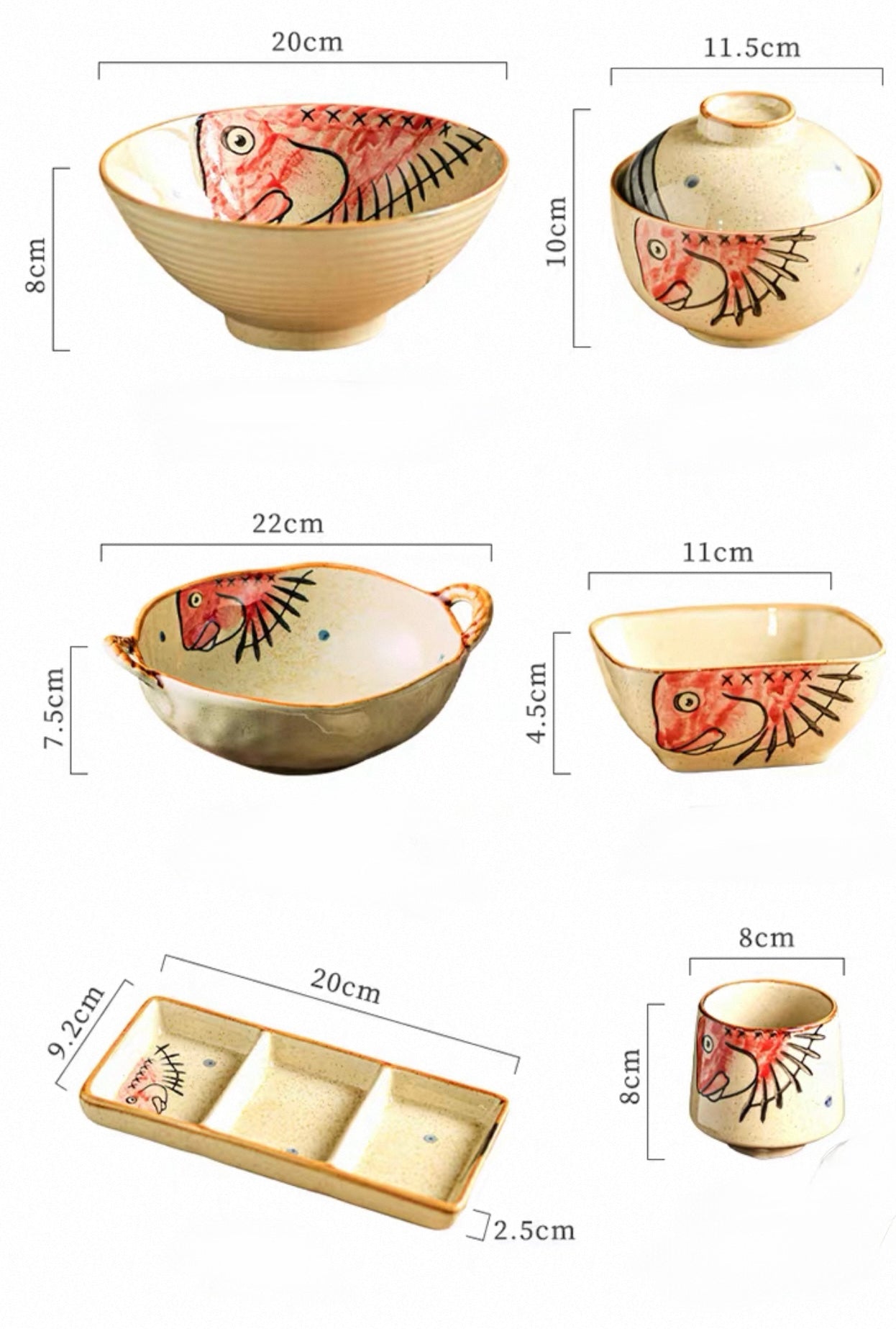 9-Piece Japanese Handmade Ramen Tableware Set: Cat and Fish Motif