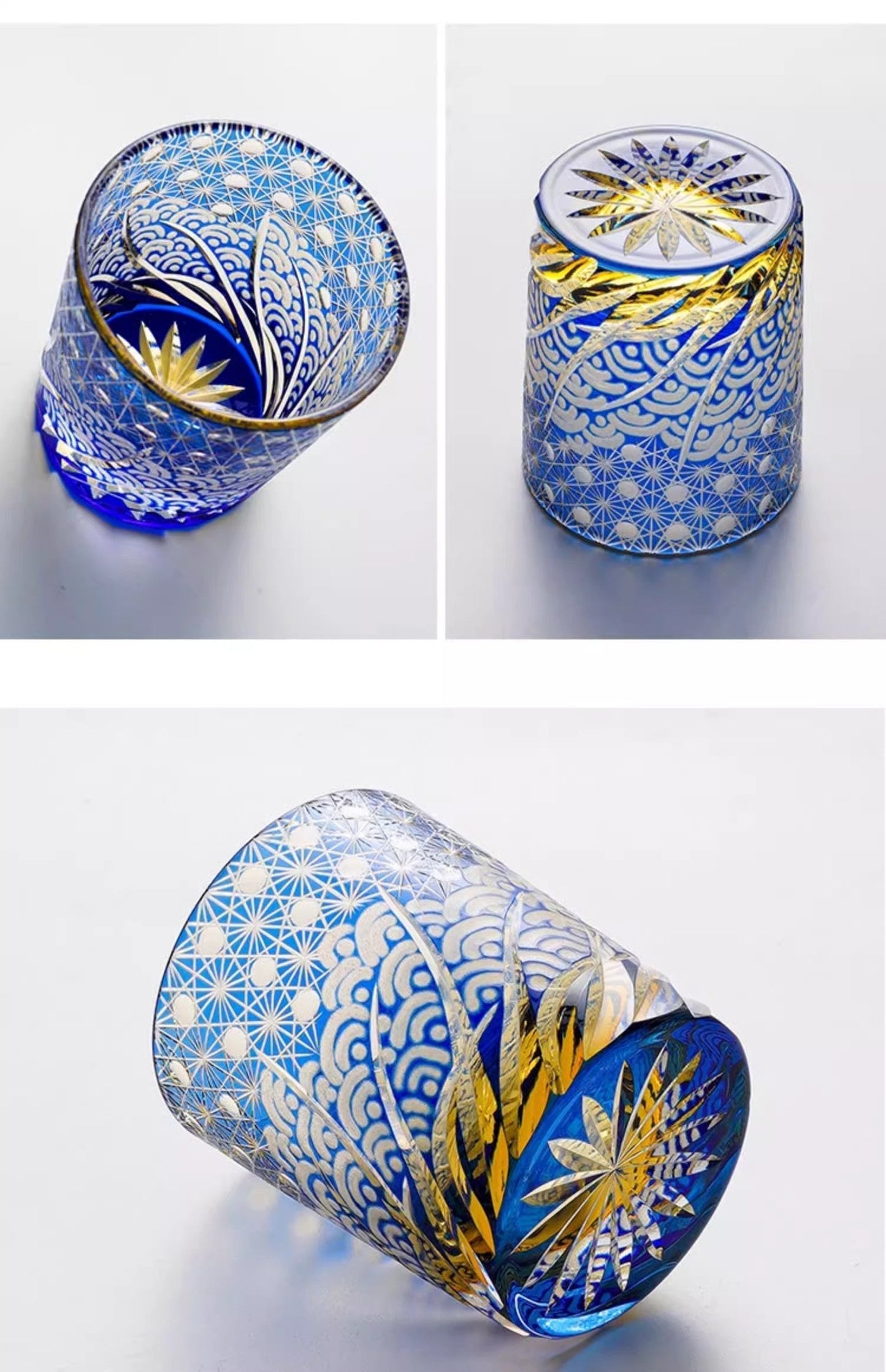 Edo Kiriko Handcrafted Blue Amber Whisky Glass With Wooden Box