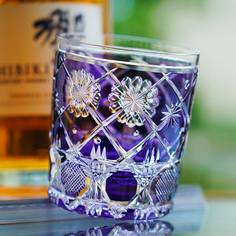 Edo Kiriko Handcrafted Violet Kohana Blossom Crystal Glass – Japanese Artisan Luxury with Wooden Box