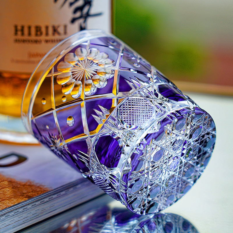 Edo Kiriko Handcrafted Violet Kohana Blossom Crystal Glass – Japanese Artisan Luxury with Wooden Box