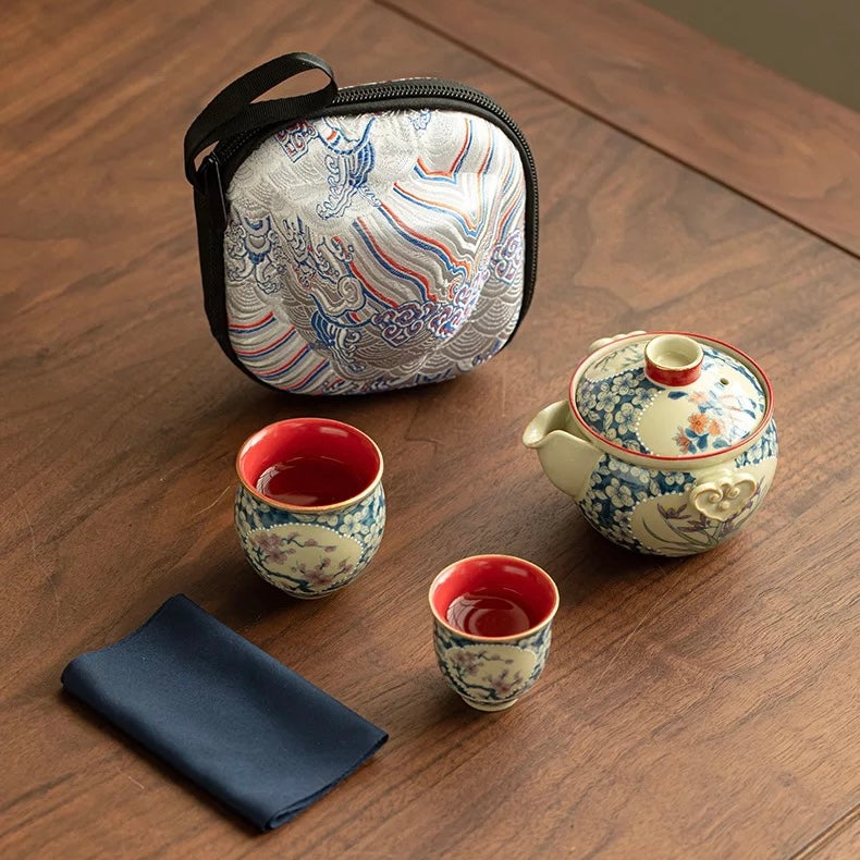 Imperial Red Ruyi Travel Tea Set | Portable Porcelain Infuser & 2 Cups