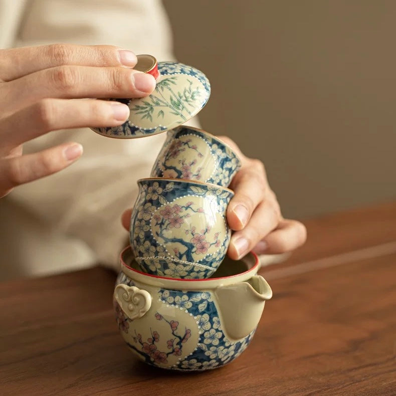 Imperial Red Ruyi Travel Tea Set | Portable Porcelain Infuser & 2 Cups