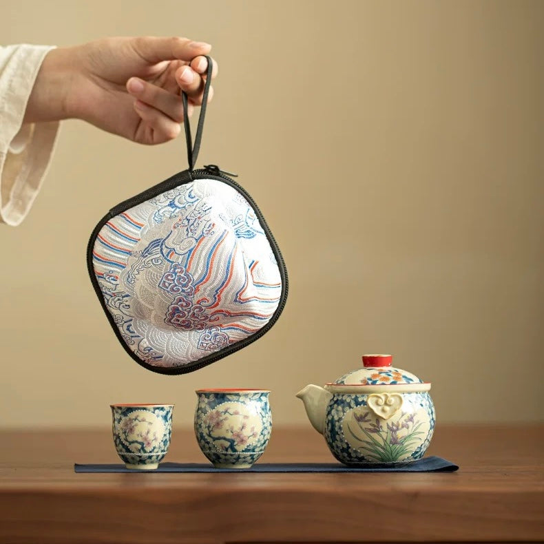 Imperial Red Ruyi Travel Tea Set | Portable Porcelain Infuser & 2 Cups