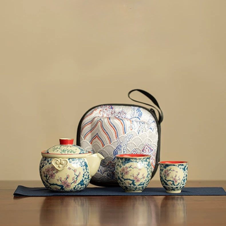 Imperial Red Ruyi Travel Tea Set | Portable Porcelain Infuser & 2 Cups