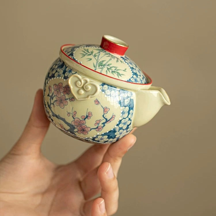 Imperial Red Ruyi Travel Tea Set | Portable Porcelain Infuser & 2 Cups