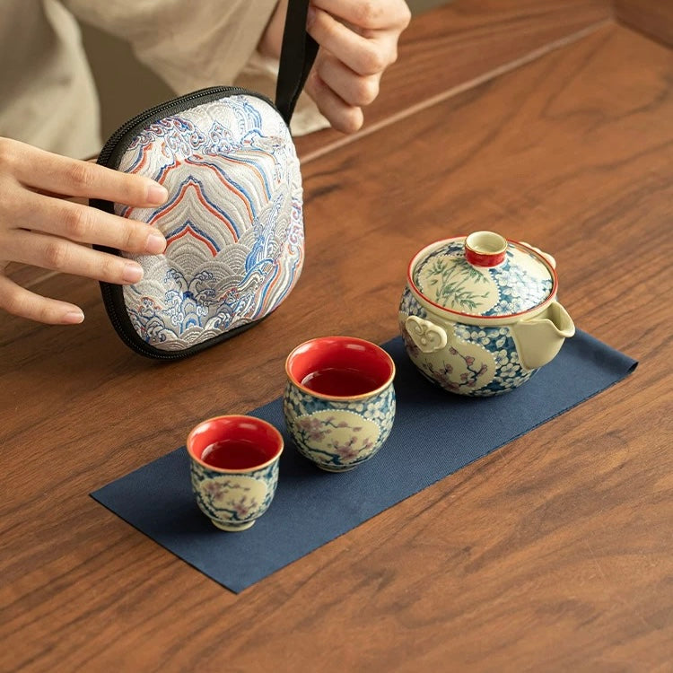 Imperial Red Ruyi Travel Tea Set | Portable Porcelain Infuser & 2 Cups
