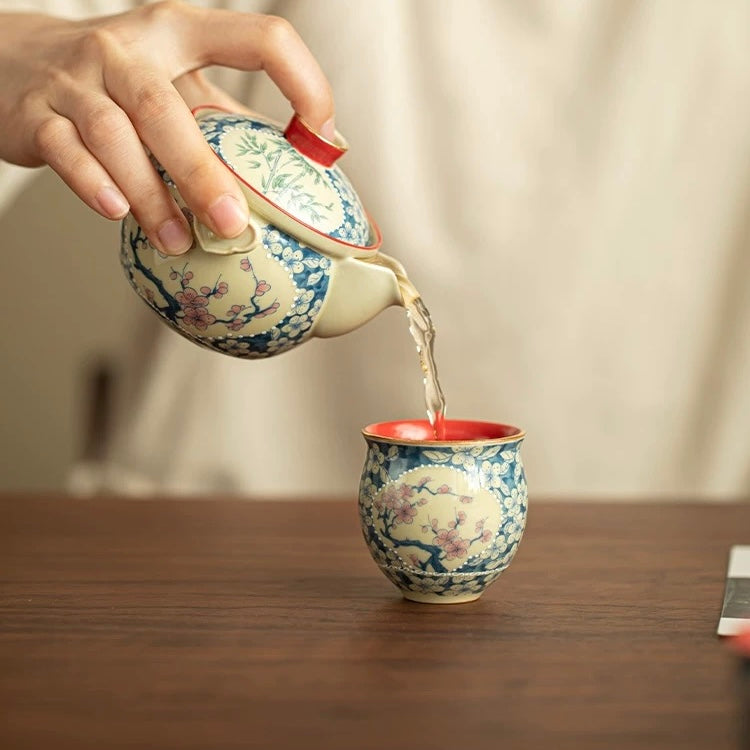 Imperial Red Ruyi Travel Tea Set | Portable Porcelain Infuser & 2 Cups