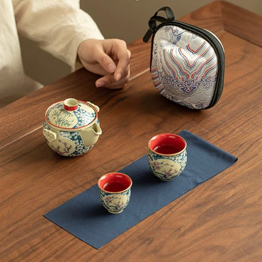 Imperial Red Ruyi Travel Tea Set | Portable Porcelain Infuser & 2 Cups