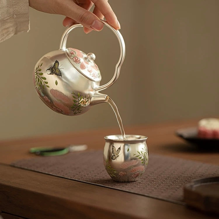 Silver-Inlaid Butterfly & Floral Beam Handle Tea Set | Handcrafted Ceramic Trio