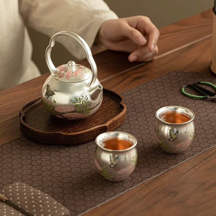 Silver-Inlaid Butterfly & Floral Beam Handle Tea Set | Handcrafted Ceramic Trio