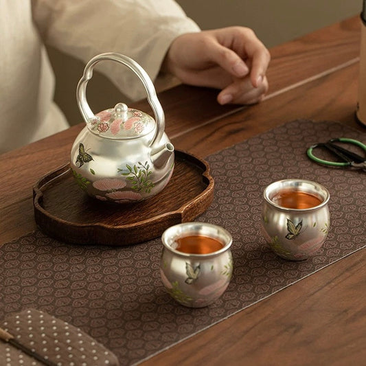 Silver-Inlaid Butterfly & Floral Beam Handle Tea Set | Handcrafted Ceramic Trio