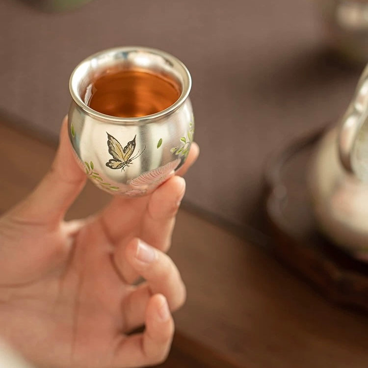 Silver-Inlaid Butterfly & Floral Beam Handle Tea Set | Handcrafted Ceramic Trio