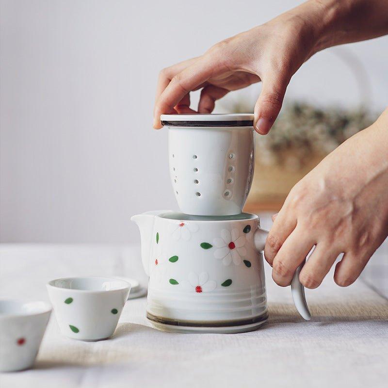 Japanese Ceramic Flower Tea Pot Sets With Carrying Case