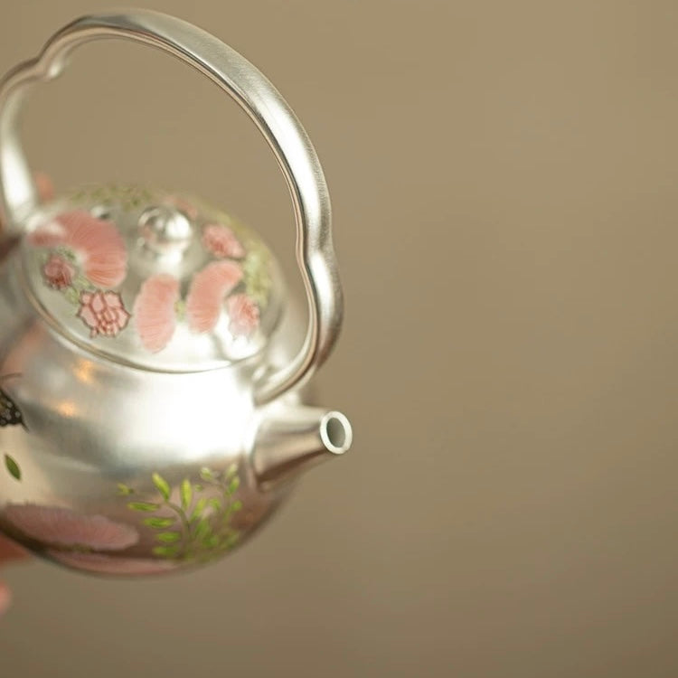 Silver-Inlaid Butterfly & Floral Beam Handle Tea Set | Handcrafted Ceramic Trio