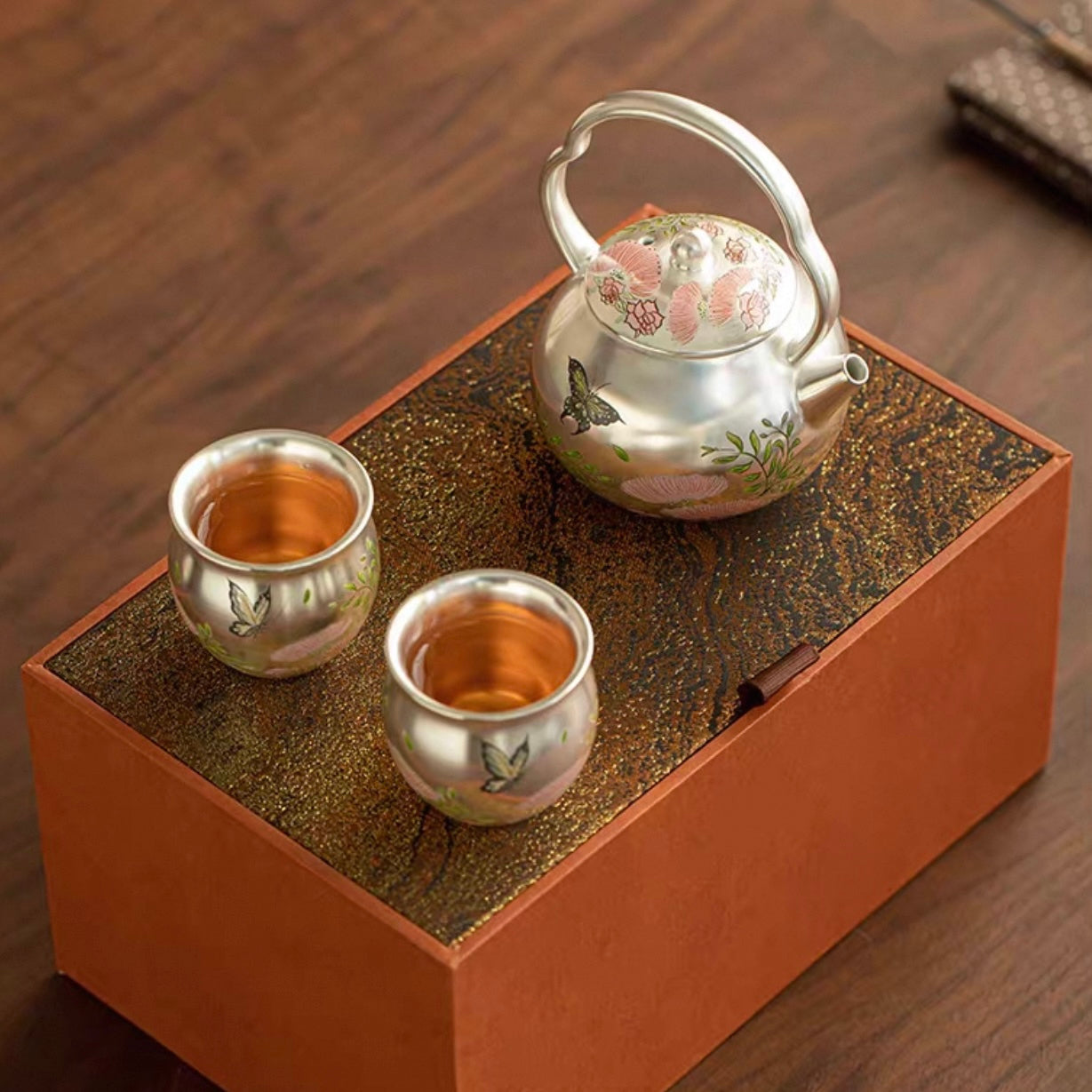 Silver-Inlaid Butterfly & Floral Beam Handle Tea Set | Handcrafted Ceramic Trio