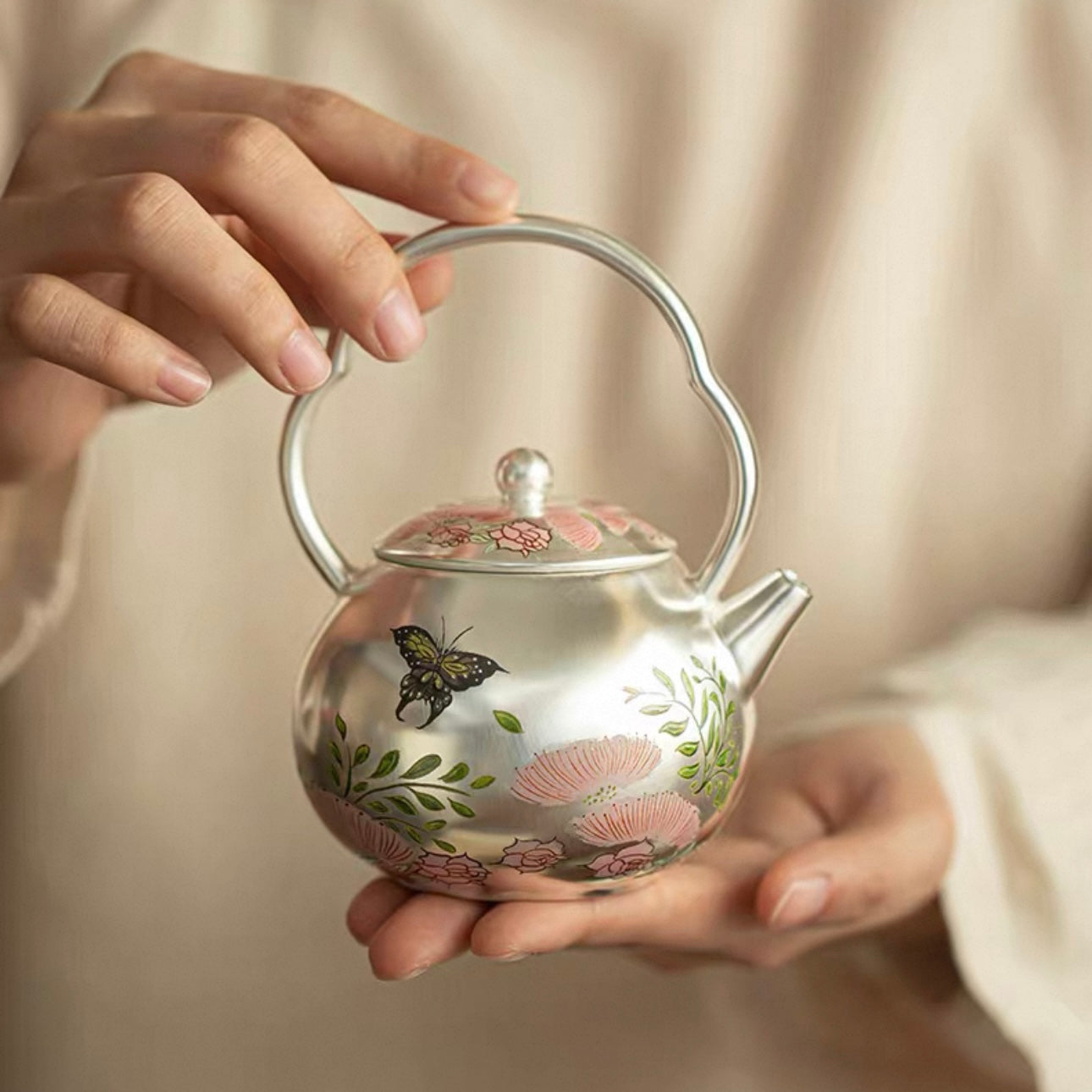 Silver-Inlaid Butterfly & Floral Beam Handle Tea Set | Handcrafted Ceramic Trio
