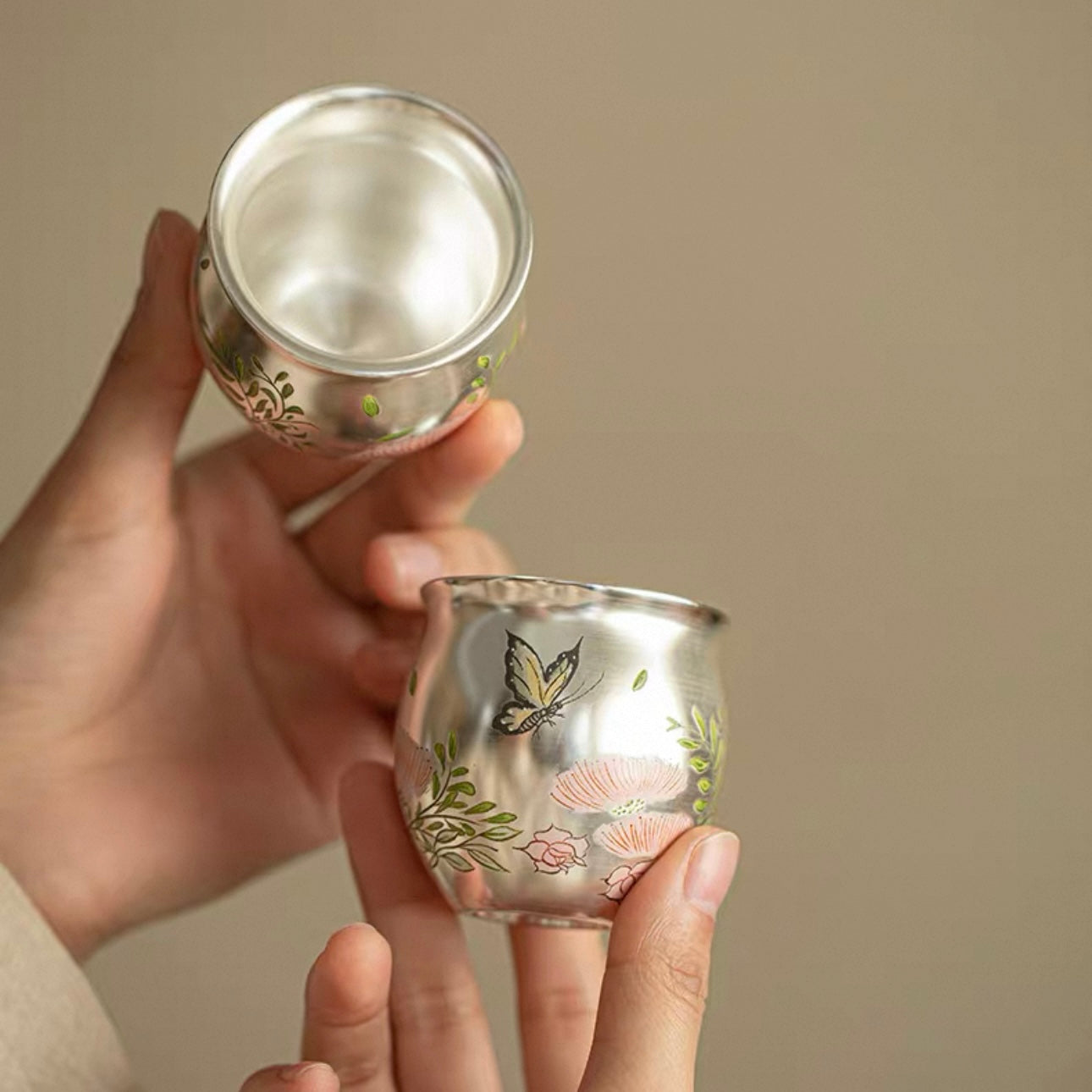 Silver-Inlaid Butterfly & Floral Beam Handle Tea Set | Handcrafted Ceramic Trio