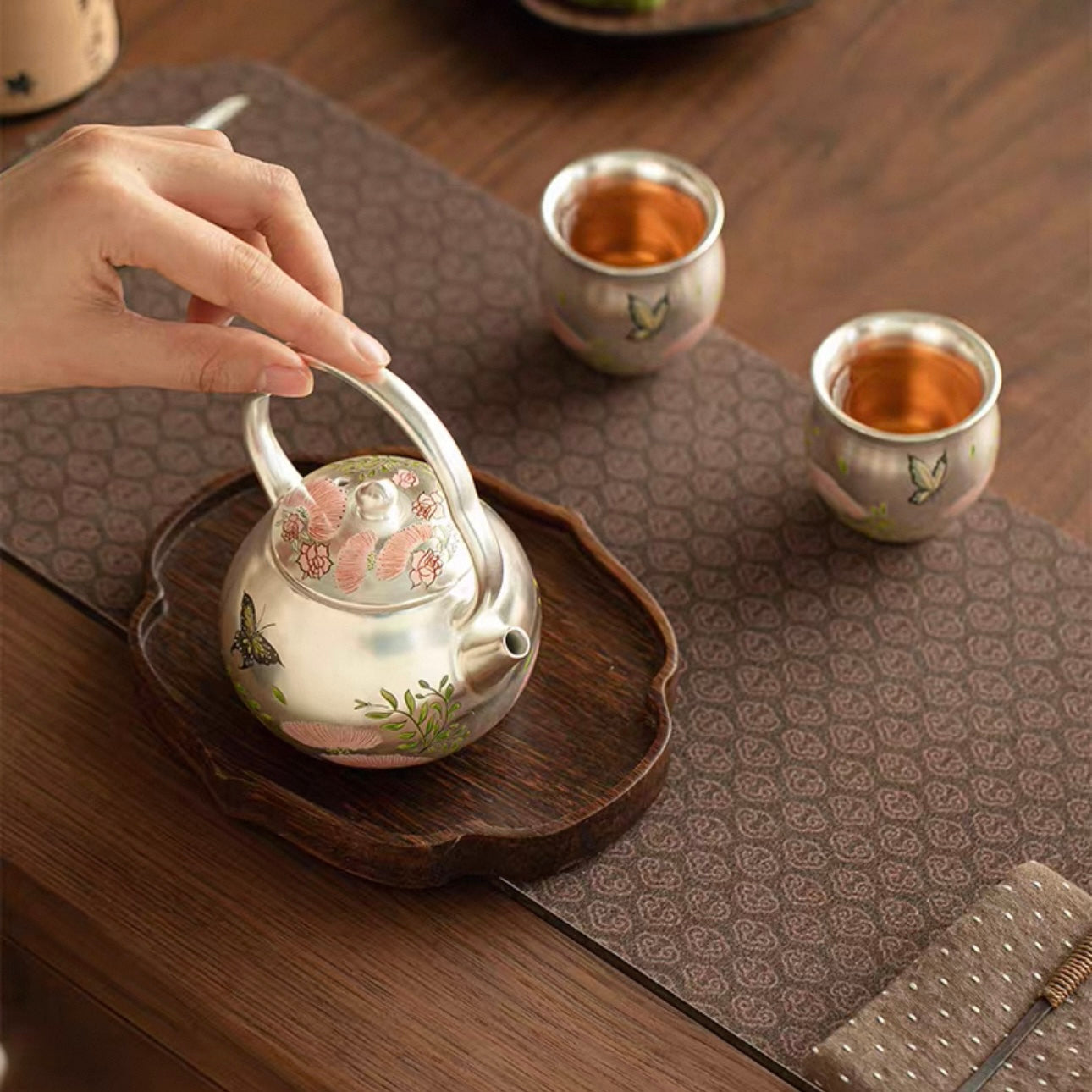 Silver-Inlaid Butterfly & Floral Beam Handle Tea Set | Handcrafted Ceramic Trio