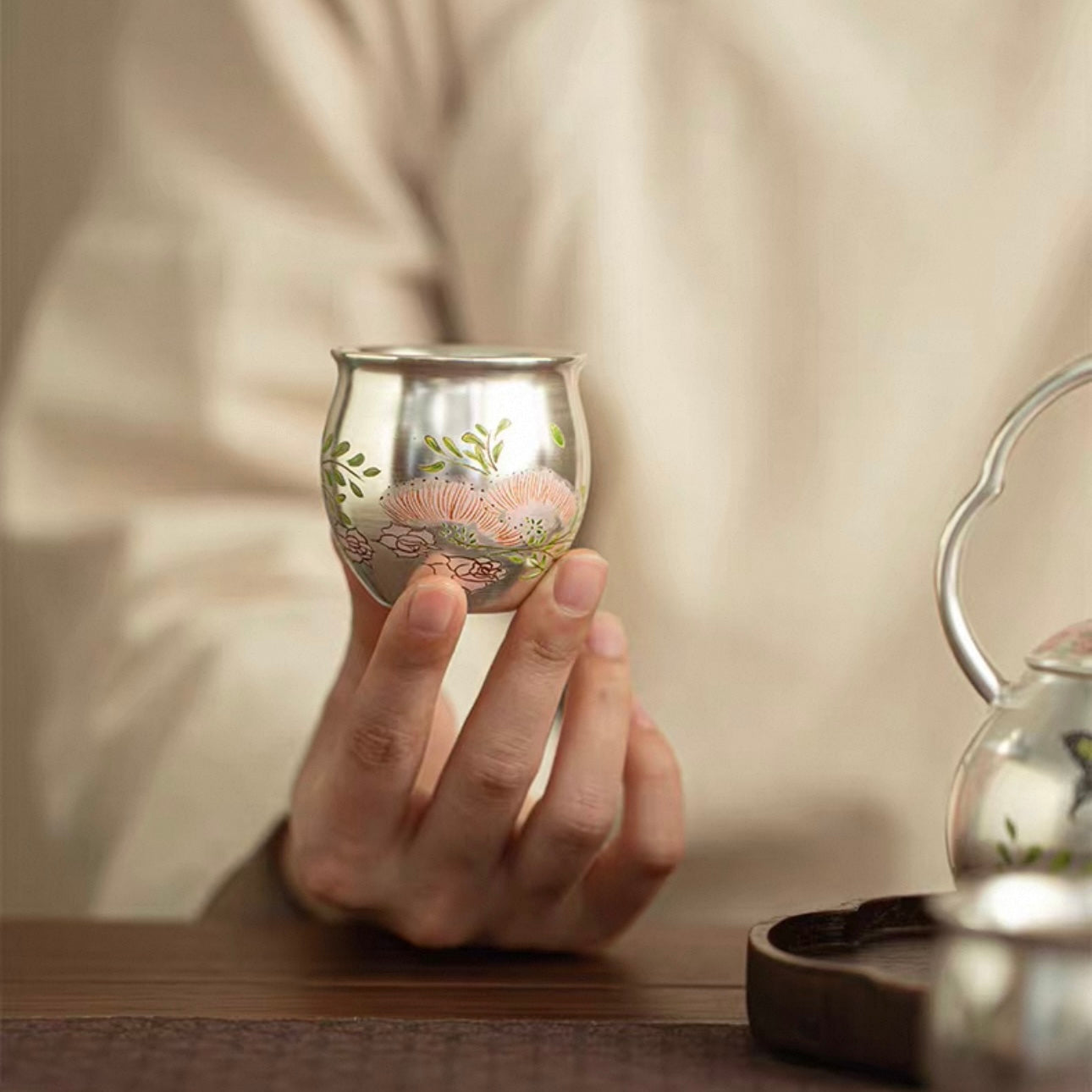 Silver-Inlaid Butterfly & Floral Beam Handle Tea Set | Handcrafted Ceramic Trio