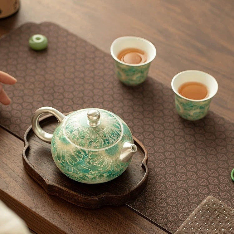 Silver Daisy Mutton-Fat Jade Tea Set | Premium Porcelain Trio