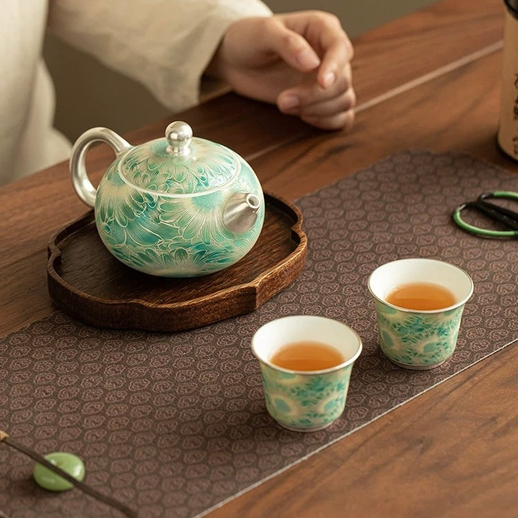 Silver Daisy Mutton-Fat Jade Tea Set | Premium Porcelain Trio
