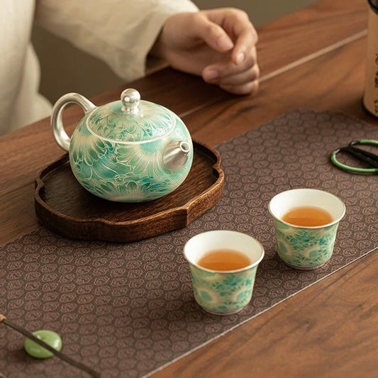 Silver Daisy Mutton-Fat Jade Tea Set | Premium Porcelain Trio