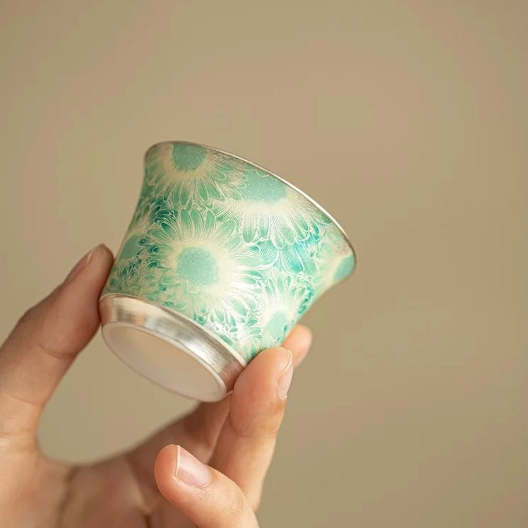 Silver Daisy Mutton-Fat Jade Tea Set | Premium Porcelain Trio