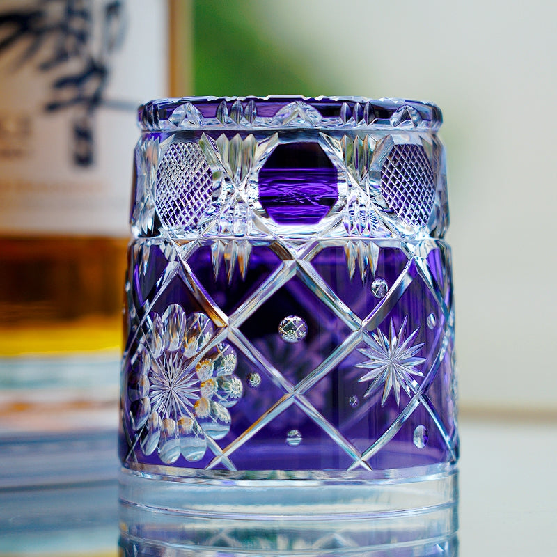 Edo Kiriko Handcrafted Violet Kohana Blossom Crystal Glass – Japanese Artisan Luxury with Wooden Box