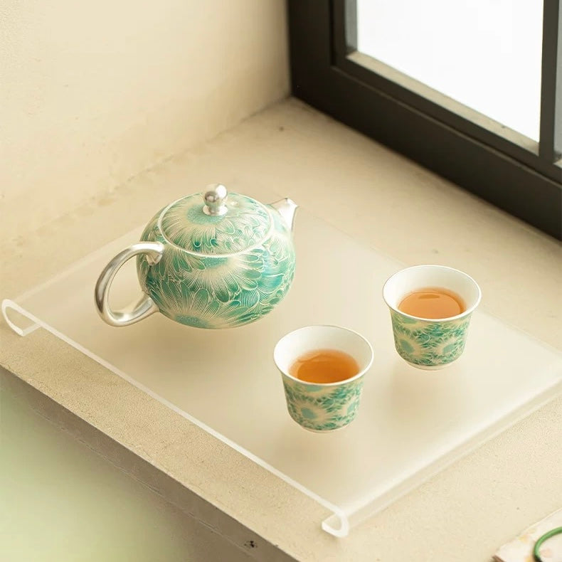 Silver Daisy Mutton-Fat Jade Tea Set | Premium Porcelain Trio