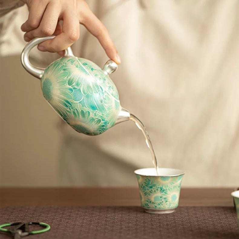 Silver Daisy Mutton-Fat Jade Tea Set | Premium Porcelain Trio