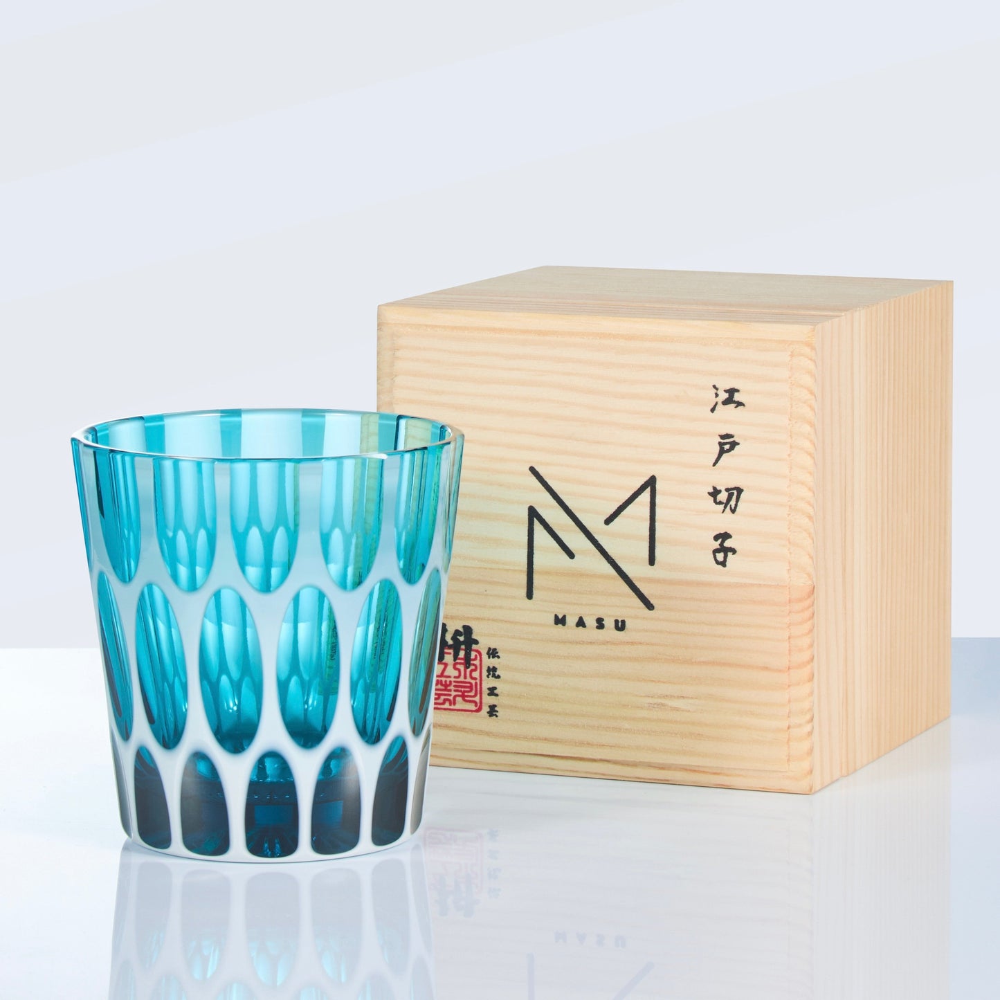 Edo Kiriko Handcrafted Aomidori Wave Glass With Wooden Box